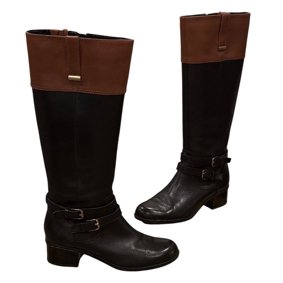 NWOT Bandolino Carlotta Riding Boots Leather Size 5M Black Cognac Zipper - Picture 1 of 12